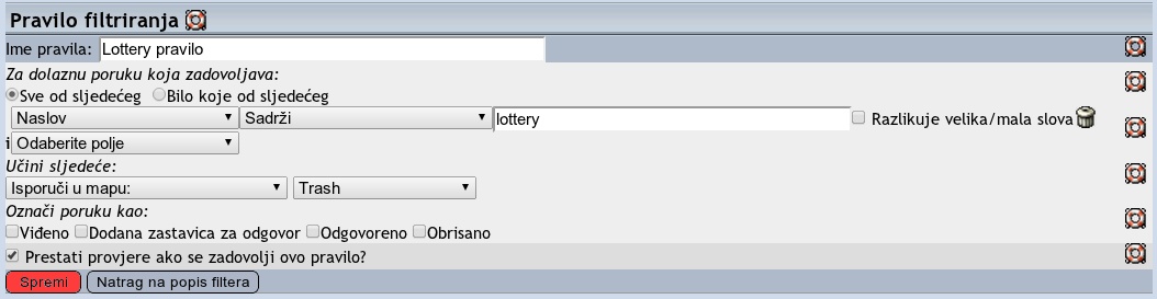 Konfiguracija novog pravila za lottery
